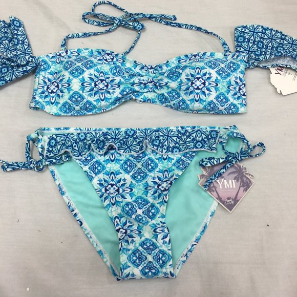 🦚🦚🦚 NWT YMI WOMENS SWIMSUIT 2 PIECE OFF THE SHOULDER RUFFLE SIZE L 🦚🦚🦚
